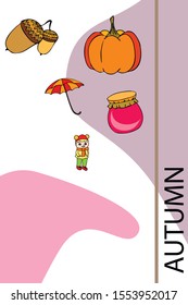 Autumn card with a girl, an umbrella pumpkin acorns and jam