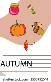 Autumn card with a girl, an umbrella pumpkin acorns and jam