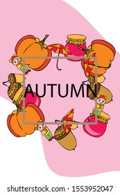 Autumn card with a girl, an umbrella pumpkin acorns and jam