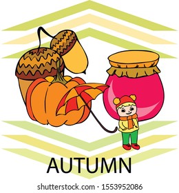 Autumn card with a girl, an umbrella pumpkin acorns and jam