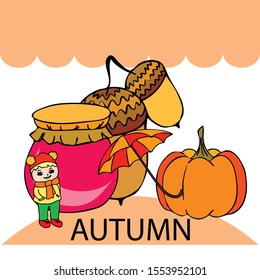Autumn card with a girl, an umbrella pumpkin acorns and jam