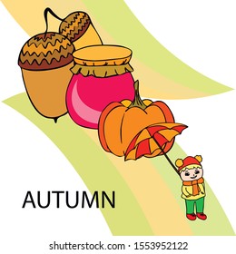 Autumn card with a girl, an umbrella pumpkin acorns and jam