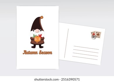 Autumn card with gnome holding pumpkin and leaves with fall season message and stamp design on white envelope