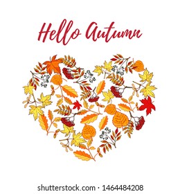 Autumn card with hand drawn colored autumn leaves. Vector illustration