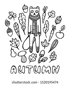 Autumn card. Hand drawn ferret wearing knitted scarf surrounded by leaves, mushrooms, carrots, acorns, and fruits. Black and white doodle vector illustration.  