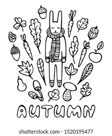 Autumn card. Hand drawn rabbit wearing knitted scarf surrounded by leaves, mushrooms, carrots, acorns, and fruits. Black and white doodle vector illustration.  