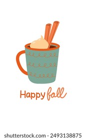  Autumn card happy fall, banner template with cocoa mug. Tasty  cappuccino with cream. Coffee with marshmallows and cinnamon. Spiced tea with cinnamon sticks. Vector illustration of warming drinks in 