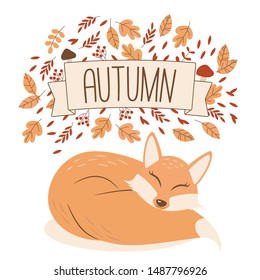Autumn card. Happy smiling fox sleeping under a ribbon with a hand written text AUTUMN and swirling leaves and branches on a white background.