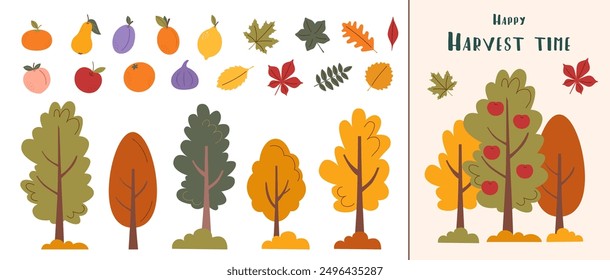 Autumn card. Autumn, harvest and Thanksgiving concept. Autumn elements set. Collection of trees, fruits and leaves isolated on white. Vector flat illustration.