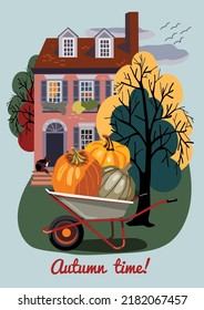 autumn card  with house, trees and   pumpkins, vector design for paper, fabric and other surface