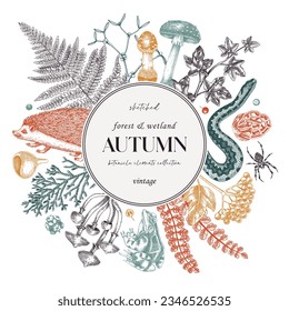 Autumn card or invitation. Forest plants design. Fall wreath with fallen leaves and woodland animals. Falling leaves, mushrooms, ferns sketches. Hand-drawn vector illustration