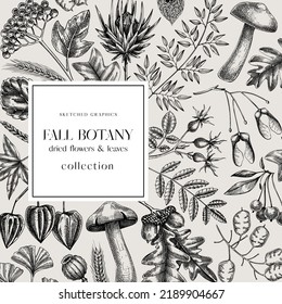 Autumn card or invitation. Thanksgiving banner design. Fall wreath with fall leaves and dried flowers. Sketched dried herbs, falling leaves, mushrooms, seeds. Black and white illustration