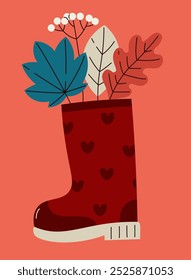 Tarjeta de otoño con hojas en la Ilustración vectorial de la bota