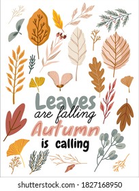 Autumn card with autumn leaves, branches and berries