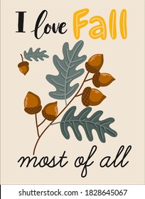 Autumn card with autumn leaves, branches and berries