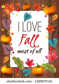 Autumn card with leaves and wood plank background.