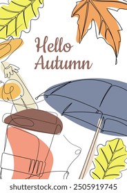 Autumn card in line art style with abstract spots on the background. Bright card for autumn with mushroom, leaf, open umbrella, coffee