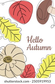 Autumn card in line art style with abstract spots on the background. Bright card for autumn with porcini mushroom, pumpkin and leaf