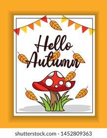 autumn card with mushroom between grass and leaves falling with pennants. Vector illustration.