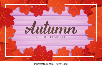 Autumn. Card with oak leaves frame and trendy Autumn brush lettering. Seasonal Fall sale card.