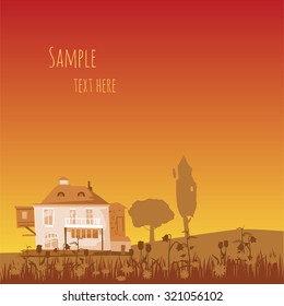 Autumn card, orange, landscape, house, field, vintage, vector, banner, illustration