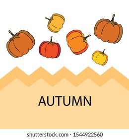 Autumn card, orange pumpkins, vector background. Halloween illustration. October harvest. Nature design.