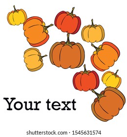 Autumn card, orange pumpkins, vector background. Halloween illustration. October harvest. Nature design.