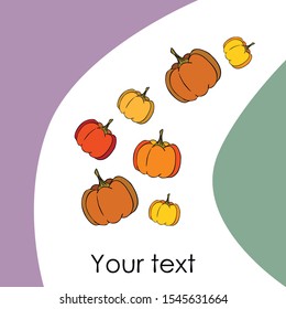 Autumn card, orange pumpkins, vector background. Halloween illustration. October harvest. Nature design.