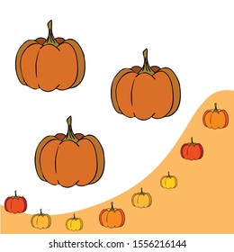 Autumn card, orange pumpkins, vector background. Halloween illustration. October harvest. Nature design.
