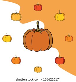 Autumn card, orange pumpkins, vector background. Halloween illustration. October harvest. Nature design.