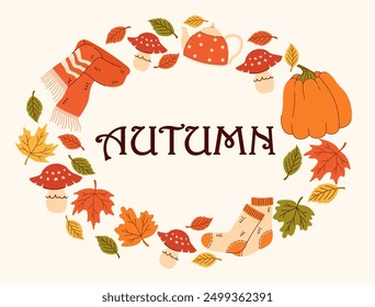 Autumn card with a picture of a scarf, socks, teapot, pumpkin, leaves. Flat vector illustration.