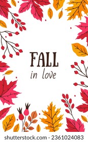 Autumn card or poster with leaves and berries. Vector graphics.