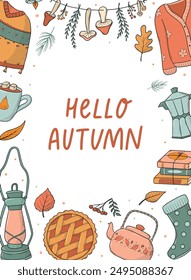 Autumn card, poster, print, invitation, wallpaper design. Hello Autumn lettering quote decorated with frame of doodles. EPS 10