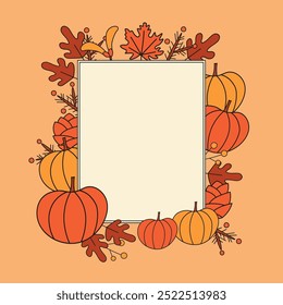 Tarjeta de otoño con calabazas, plantas de otoño para texto. Fondo de Vector dibujado a mano para vacaciones de otoño, Día de Acción de Gracias, cosecha de calabaza. Elemento de diseño para tarjeta de felicitación, Anuncio, cartel, Plantilla, volante