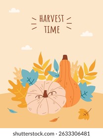 Autumn card with pumpkins, leaves and lettering