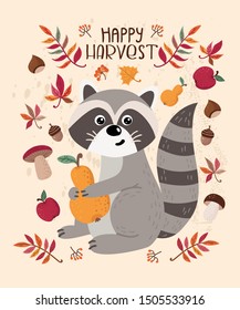 Autumn card with raccoon and leaves