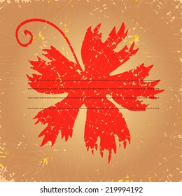 Autumn card. Red maple leaf on Vintage paper texture. Lined for text.Autumn and good old days concept.  Retro. As gift card, for memory, design element for notebook, vintage style scrapbook or card.