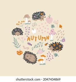 Autumn card. Round of Hedgehogs pattern. Vector background. Forest plants, dots,  apples,  mushrooms, leaves, flowers, branches. Baby print
