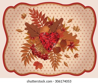 Autumn card ruby heart vintage, vector illustration