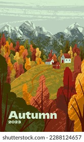 Autumn card, rural fall landscape, nature. Peaceful calm season, countryside background. Tranquil remote country houses among trees and mountains scenery, vertical poster. Flat vector illustration