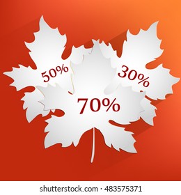 Autumn card sale. Red background with paper white maple leaf and different percentages. Vector illustration 