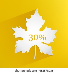 Autumn card sale. Yellow background with paper white maple leaf and sign interest. Vector illustration 