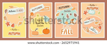 Autumn card set with collage elements. Falling leaves, pumpkins, forest mushrooms, acorns, pine cone, torn pieces of paper notes, hand written text. Cartoon vector objects with paper cut shapes.