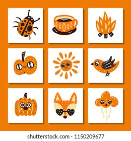 Autumn card set. Cute vector illustrations. Nursery print