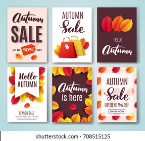 Autumn card set with fall quotes, bright leaves and shopping bag. Perfect for greeting cards, sale badges, banners, poster, cover, tag, invitation. Vector illustration