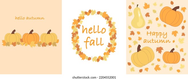 Autumn card set. Orange pumpkins,yellow pears and leaves. Hand drawn greeting cards. Harvest. Thanksgiving day. Banner, brochure, poster, card template. Vector illustration.