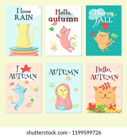 Autumn card set, vector illustration. Funny cats with Autumn, Hello autumn, Happy fall, I love autumn, I love rain handwritten quotations.