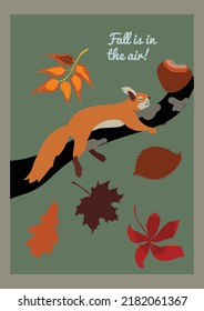 autumn card with sleep squirrel and leaves, vector design for paper, fabric and other surface