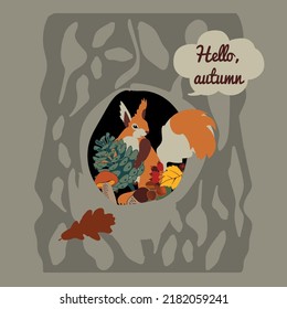 autumn card with squirell and mushrooms, vector design for paper, fabric and other surface