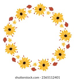 Autumn card with sunflowers. Decorative round frame. Design elements for invitations, sale, scrapbooking.